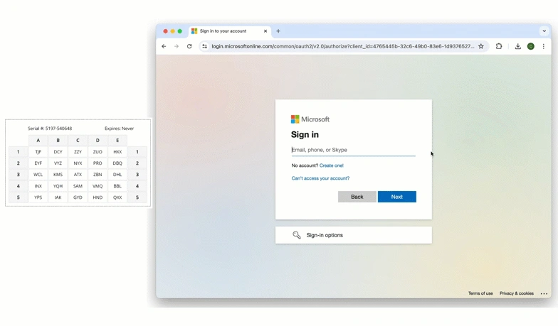 Microsoft Entra ID sign-in with a HallKey card challenge. Recording uses an earlier card design.